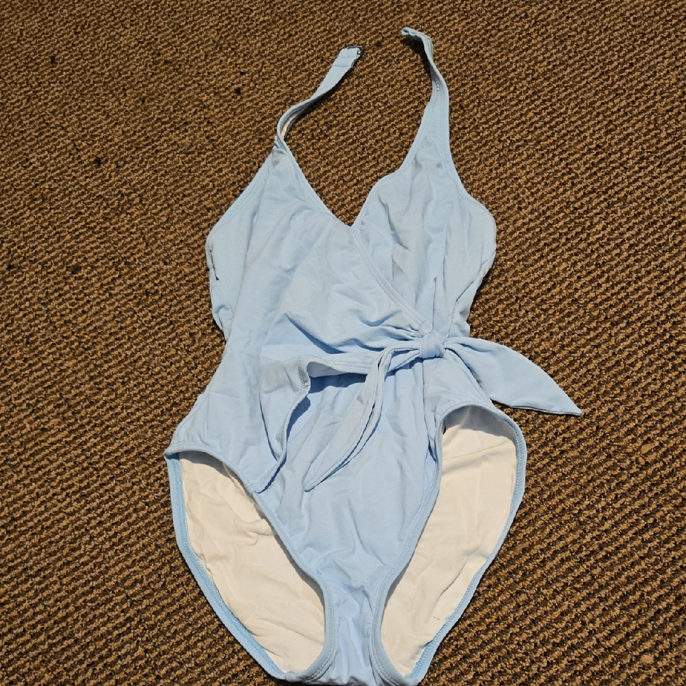 Anne Cole Sky Blue One Piece Halter Neck Faux Wrap Swimsuit Bathing Suit Beach
